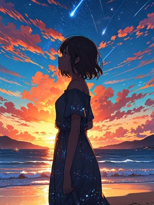 The image features a woman standing at the edge of a beach, looking out towards the ocean during sunset. She is wearing a blue dress that complements the sky's colors. The scene has a dreamy atmosphere with the sun setting behind her, casting an orange glow across the sky and creating a beautiful backdrop for the woman in the image.