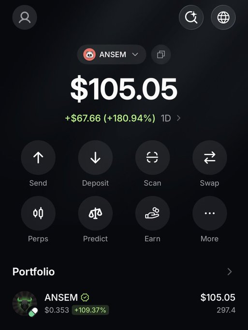 A cryptocurrency wallet interface displays an ANSEM token portfolio valued at $105.05, up $67.66 (+180.94%) in 1 day, with the token trading at $0.353 (+109.37%). The screenshot illustrates the post's bullish sentiment about sending $ANSEM "to the moon," visually showing significant gains that align with the call for $1 price predictions.