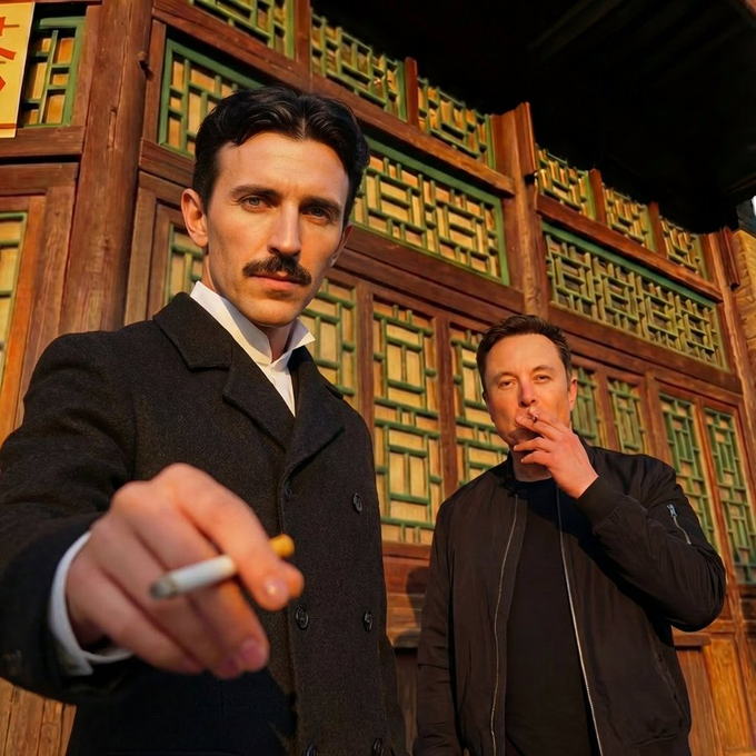 The image shows an AI-generated scene depicting Nikola Tesla (front, holding a cigarette) alongside Elon Musk (back, smoking), set against an ornate traditional Asian-style wooden building with intricate green lattice windows, visually uniting two iconic electrical/innovation pioneers in a way that nods to the post's theme of electrons becoming the future currency.