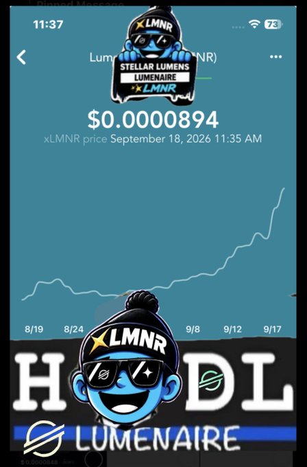 A mobile app screenshot of Stellar Lumens Lumenaire ($LMNR) showing a price chart trending upward to $0.0000894 as of September 18, 2026, with cartoon mascot branding.