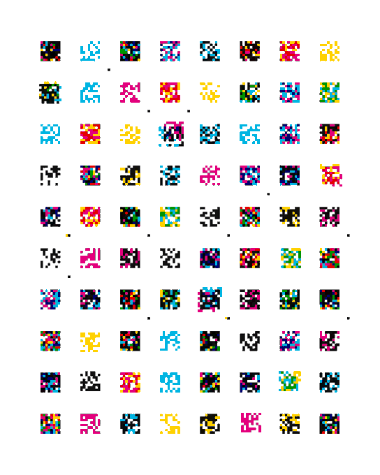 The image displays a grid of 80 small pixelated designs in vibrant colors (pink, yellow, blue, black, green), likely representing the generative art collection launched via X. Each design features a stylized, abstract humanoid figure made of scattered colored squares, creating a mosaic-like pattern characteristic of algorithmically generated artwork.