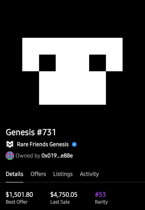 A screenshot of a digital collectible listing for Genesis #731, a Rare Friends Genesis NFT owned by 0x019...e88e, showing a best offer of $1,501.80, a last sale of $4,750.05, and a rarity ranking of #53.
