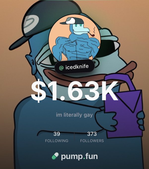 The image shows a stylized cartoon profile on the Pump.fun app featuring a muscular duck-like character wearing a cap, displaying the username "@icedknife," a value of "$1.63K," the caption "im literally gay," and 373 followers (39 following). It visually represents the announcement of the poster's new trading account on Pump.fun, highlighting the platform's 0% fees and drawing attention to the @icedknife handle where follow-along call-outs will be shared.