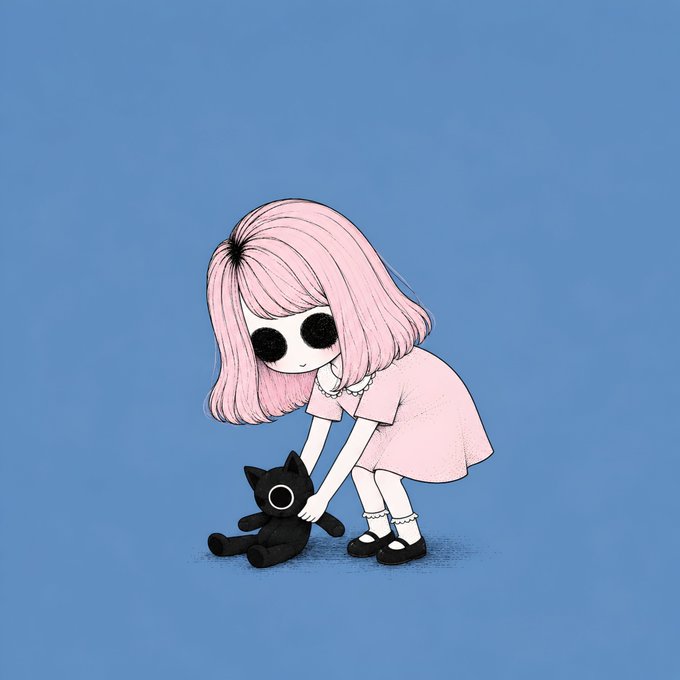 A girl with pink hair and black hollow eyes tenderly picks up a small black cat with a white circular eye. The eerie yet cute illustration aligns with the whimsical "Hollow Ones" NFT giveaway, featuring 10 creepy-cute creatures seeking new homes.