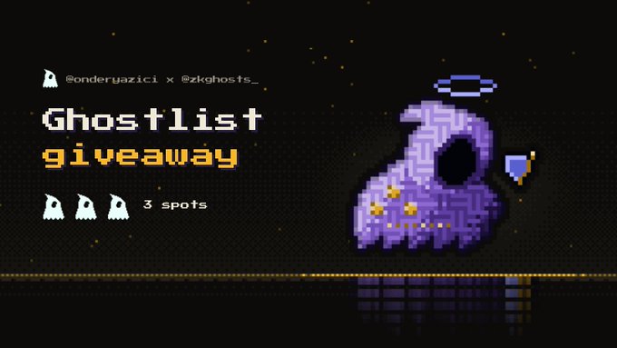 A pixel-art graphic advertisement for a 'Ghostlist giveaway' with '3 spots' available, featuring a purple ghost holding a key and the Twitter handles '@onderyazici x @zkghosts_'.