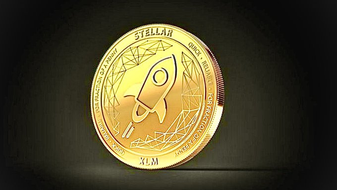 A gold Stellar (XLM) cryptocurrency coin featuring a rocket design and text reading 'STELLAR', 'XLM', 'QUICK', 'RELIABLE', and 'FOR FRACTIONAL PAYMENT'.