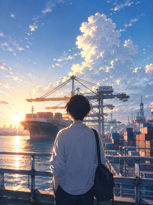 An anime-style image shows a young man with a black bag looking out over a bustling harbor filled with shipping containers and cranes during a vibrant sunset.
