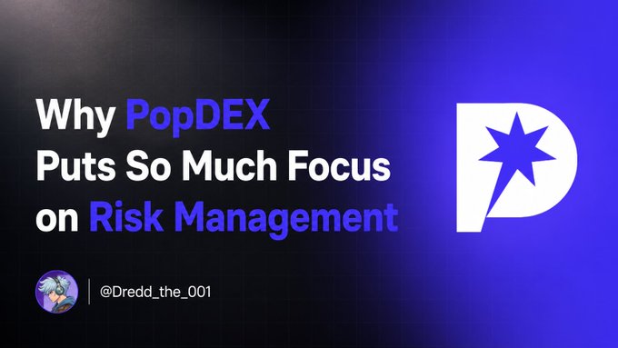 Article header graphic titled 'Why PopDEX Puts So Much Focus on Risk Management' by @Dredd_the_001, featuring the PopDEX logo.