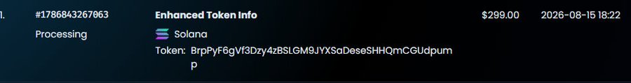 A digital screenshot shows a transaction status of 'Processing' for 'Enhanced Token Info' on the Solana blockchain, displaying a token address starting with 'BrpPyF6gVf3Dzy4zBSLGM9JYXSaDeseSHHQmCGUdpump', with a value of $299.00 and timestamp 2026-08-15 18:22.