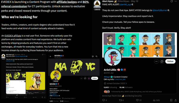 The image shows two posts on Twitter with different content. The first post is about an event called "MAYC" that has been happening for a while now. It seems like there are some people involved, but they don't seem to be interested in participating or sharing their experiences. The second post is about a person named @AlertApes who is asking the AI Slop community to stop using BAYC/MAYC PFPs and to respect X's ToS. This post seems to be more focused on addressing an issue rather than promoting an event, but both posts are related to the theme of AI Slop and its impact on users' experiences.