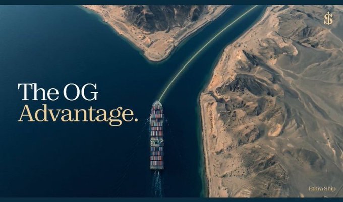 Aerial shot of a large container ship navigating through a narrow waterway flanked by desert mountains, with the text 'The OG Advantage.' and 'Bahrain Ship' visible.