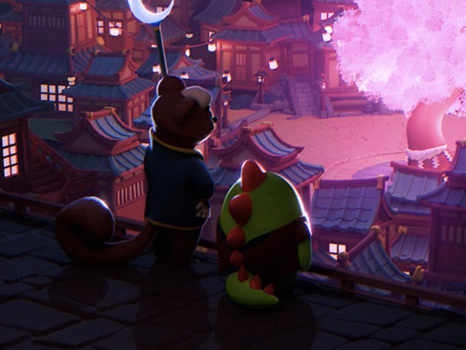 A brown squirrel-like creature and a green dinosaur character stand on a rooftop overlooking a twilight village with glowing lanterns and a pink cherry blossom tree, holding a crescent moon on a stick. The whimsical scene mirrors the post's theme of playful collectibles and gamified retention features, fitting the Sleepagotchi LITE app's focus on engagement through cute characters and progression mechanics.