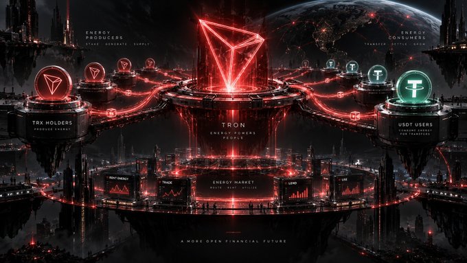 A digital illustration titled 'TRON ENERGY POWERS EXOS' depicts a futuristic red and black cityscape with floating platforms labeled 'TRX HOLDERS', 'USDT USERS', 'ENERGY PRODUCERS', and 'ENERGY CONSUMERS', with the tagline 'A MORE OPEN FINANCIAL FUTURE'.