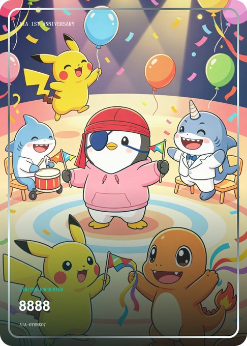 An animated "ATA 1ST ANNIVERSARY" card featuring Pokémon characters including Pikachu, Piplup, and Charmander in a festive celebration with balloons and confetti. The bottom displays "ATA ID 8888" and "ATA-0YR8K07."