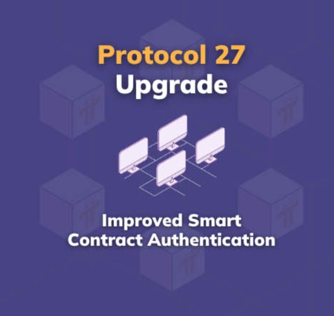 Promotional graphic announcing "Protocol 27 Upgrade" with the tagline "Improved Smart Contract Authentication," featuring computer monitors connected in a network design on a purple background. The image visually supports the announcement of Pi Testnet's transition to Protocol 27, which enhances smart contract authentication ahead of its Mainnet launch on September 15, 2026.