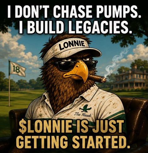 Meme image featuring an anthropomorphic eagle wearing a visor labeled 'LONNIE', sunglasses, and a shirt reading 'The Hawk', smoking a cigar on a golf course with text 'I DON'T CHASE PUMPS. I BUILD LEGACIES.' and '$LONNIE IS JUST GETTING STARTED.'