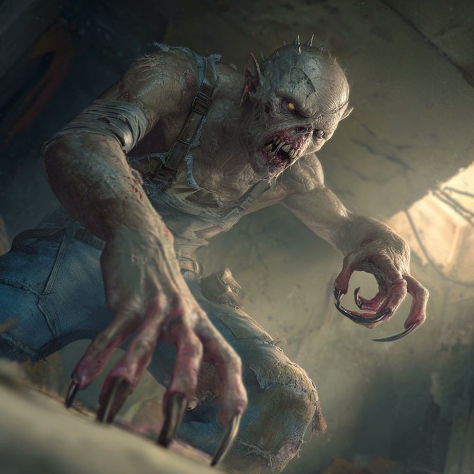 A detailed digital artwork of a menacing, pale-skinned monster or ghoul with sharp claws, pointed ears, and a torn shirt, leaning forward aggressively.