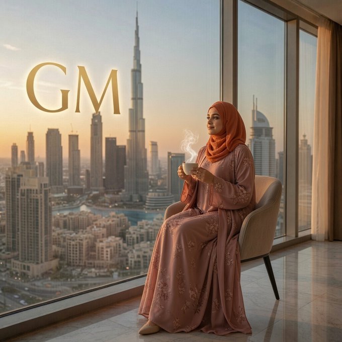 A woman in a peach-colored hijab and floral dress sits in a chair by a floor-to-ceiling window, holding a steaming cup while overlooking the Dubai skyline featuring the Burj Khalifa, with "GM" displayed in the upper left. The image beautifully complements the "Good Morning, Happy Wednesday Guys" greeting by combining the "GM" text with a serene morning scene of tea and a city sunrise view.