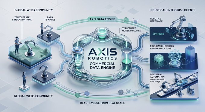 An infographic titled 'AXIS ROBOTICS COMMERCIAL DATA ENGINE' illustrating the connection between a global Web3 community running robotic simulations and industrial enterprise clients using robotics hardware and foundation models.