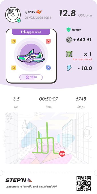 The image shows a purple page with white text, which displays information about a running app called "StepN". The app provides details about the user's progress during their run, including the distance covered, calories burned, and time spent running. The post also includes a QR code that can be used to access additional information or download the app.