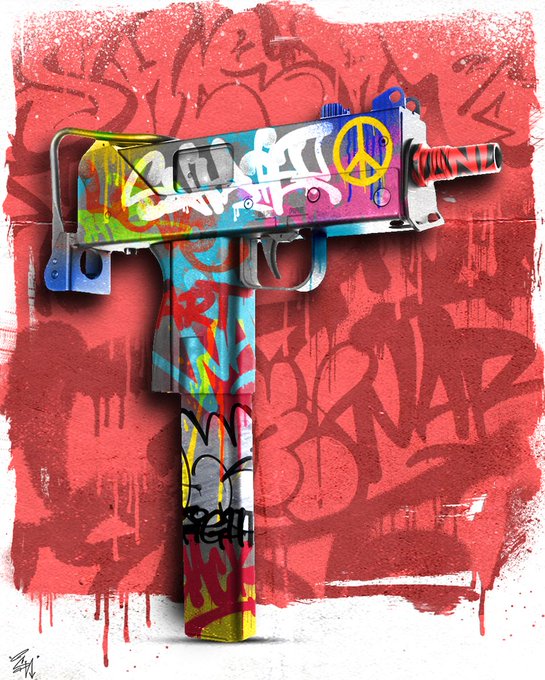 A graffiti-style artwork featuring a colorful, paint-splattered MAC-10 submachine gun with a peace symbol against a red wall covered in graffiti tags.