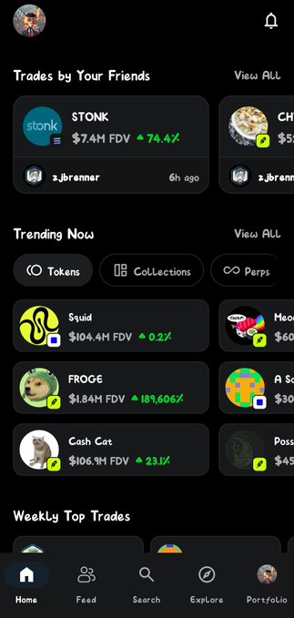 A trading app interface showing 'Trades by Your Friends' and 'Trending Now' sections, featuring tokens like STONK, Squid, FROGE, Cash Cat, and Meowshi.