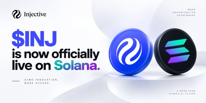 Promotional graphic announcing '$INJ is now officially live on Solana' featuring the Injective logo and Solana coin imagery with the tagline 'Same innovation. More access.'