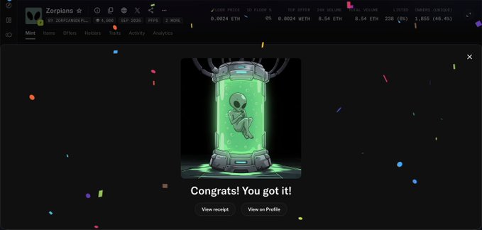 A screenshot from the Zorplans NFT marketplace showing a 'Congrats! You got it!' message with a green alien NFT in a cryogenic chamber, displaying metrics like 0.0024 ETH floor price and 1,855 owners.
