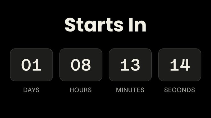 A digital countdown timer on a black background displays "Starts In" with 01 days, 08 hours, 13 minutes, and 14 seconds remaining, building anticipation for an upcoming event that the post invites viewers to attend.