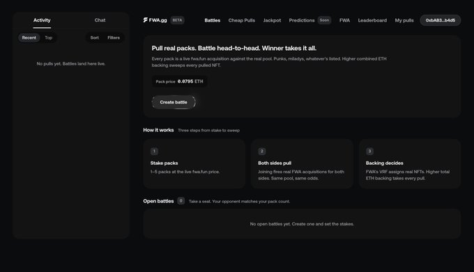 A dark-themed website interface for 'FWA.gg' explains how to 'Pull real packs' in a head-to-head battle, with a pack price of '0.0795 ETH'.