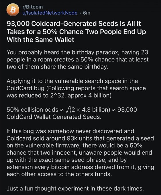 A Reddit post from r/Bitcoin titled '93,000 Coldcard-Generated Seeds Is All It Takes for a 50% Chance Two People End Up With the Same Wallet' uses the birthday paradox analogy to explain a ColdCard bug.