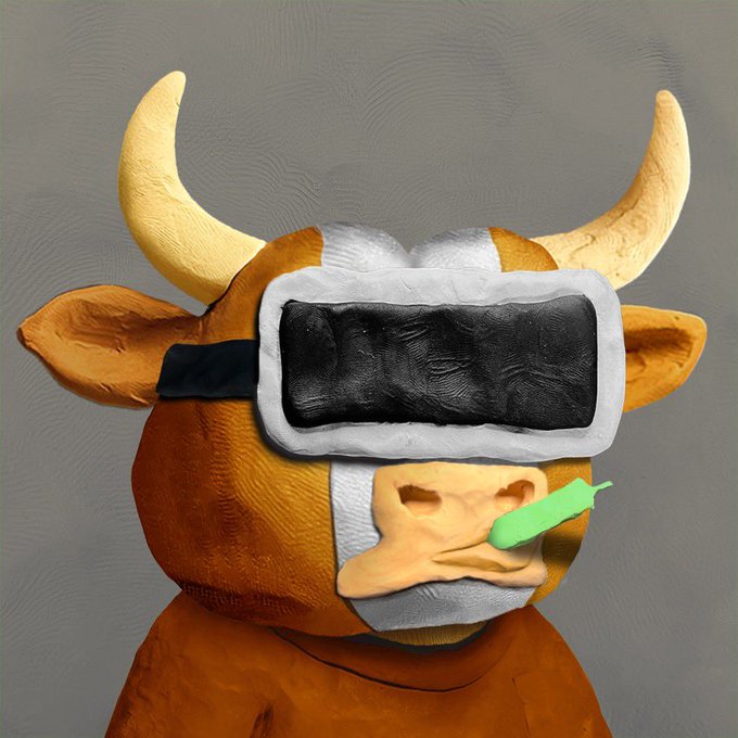 A 3D rendering of an orange bull's head wearing a gray VR headset, with a green object resembling a chili pepper in its mouth.