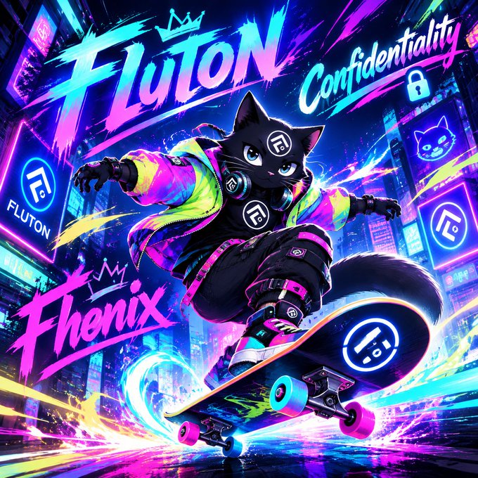 Vibrant digital artwork features an anthropomorphic black cat wearing a colorful hoodie and headphones, skateboarding through a neon cityscape with text including 'Fluton', 'Phenix', 'Confidentiality', and 'FLUTON'.