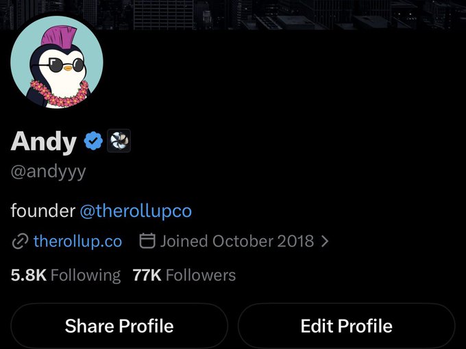 A Twitter/X profile page for "Andy" (@andyyy) showing the verified founder of @therollupco, with a notable jump to 77K followers that the post celebrates after a long bear market. The cartoon penguin avatar and dark theme frame the profile, highlighting the milestone that aligns with the upbeat caption about the algorithm's return.