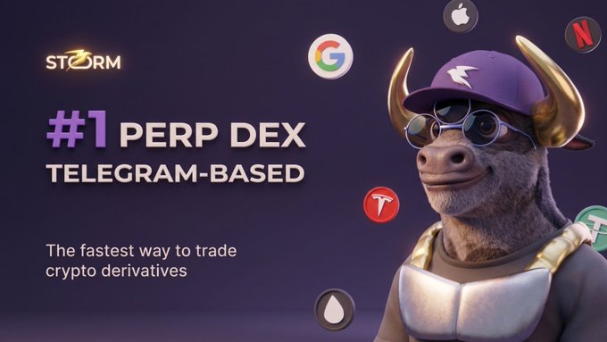 An advertisement for 'STORM' branding itself as the '#1 PERP DEX TELEGRAM-BASED' and 'The fastest way to trade crypto derivatives,' featuring a cartoon bull character in a purple cap and sunglasses surrounded by tech/crypto logos.