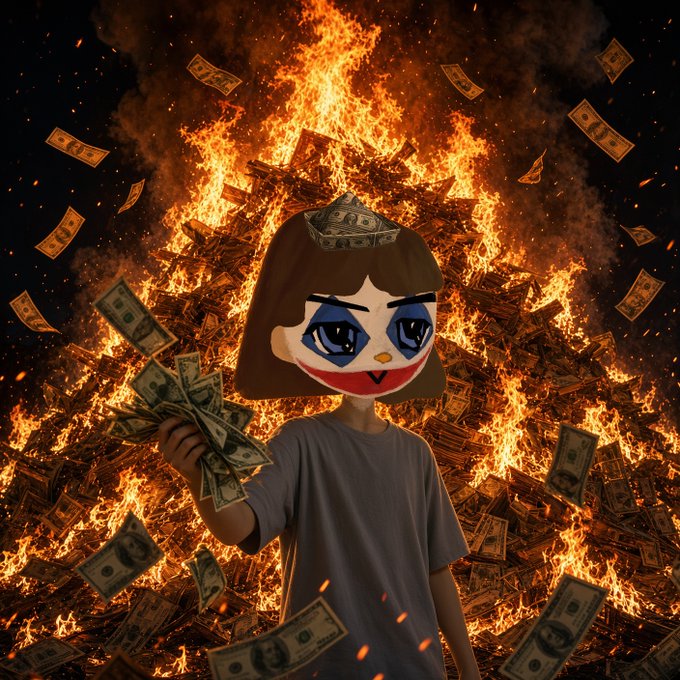 A stylized digital image showing a person wearing a 'Murder Drones' character mask, holding stacks of cash in front of a massive bonfire burning dollar bills.