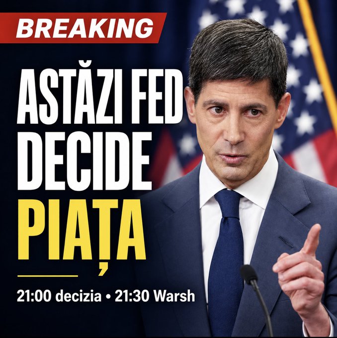 A YouTube thumbnail features a man in a suit with a serious expression and pointing finger, with the American flag in the background and large text reading "BREAKING ASTĂZI FED DECIDE PIAȚA" along with times "21:00 decizia • 21:30 Warsh".
