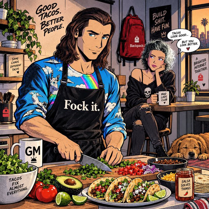 A stylized digital illustration of a long-haired man wearing a "Fock it." apron while chopping vegetables in a taco shop. A woman with skull earrings sits nearby holding a "MAD LADS CLUB" mug, with signs reading "GOOD TACOS. BETTER PEOPLE." and "BUILD SHIT. HAVE FUN."