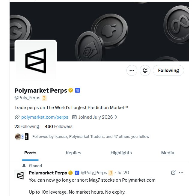 Twitter/X profile for Polymarket Perps (@Poly_Perps) advertising perpetual futures trading on the world's largest prediction market with up to 10x leverage, featuring 460 followers.