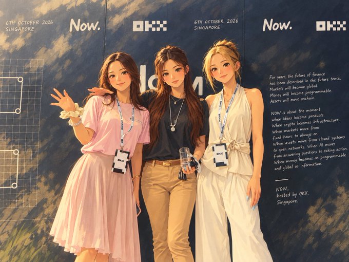 Three young women posing together at what appears to be an OKX event in Singapore on 6th October 2026, with event branding and text about the future of money visible in the background.
