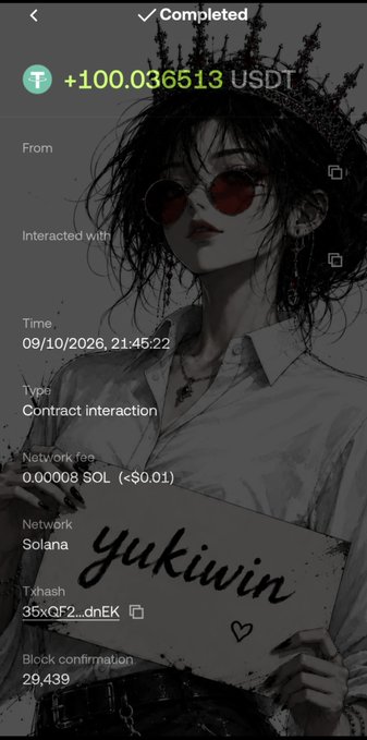 A "Completed" transaction confirmation showing a received amount of +100.036513 USDT via a Solana contract interaction on 09/10/2026 at 21:45:22, with a network fee of 0.00008 SOL. The image is overlaid on an anime-style illustration of a woman wearing red sunglasses and a crown, with a watermark reading "yukiwin," visually supporting the post's claim of a successful USDT giveaway win.
