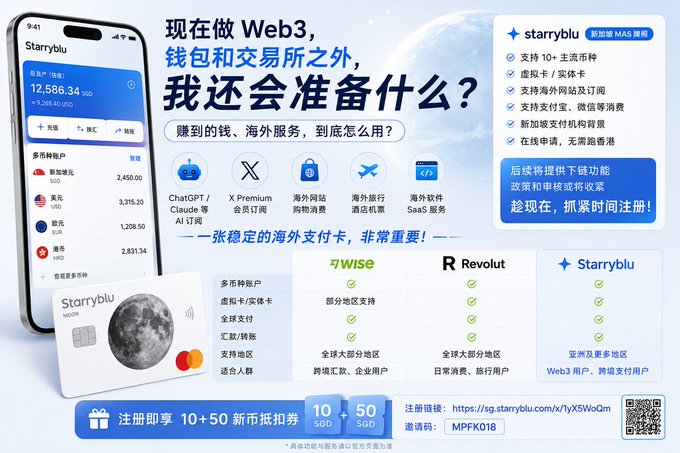 A Chinese-language advertisement for 'Starryblu', a Web3 service, comparing it to competitors like 'WISE' and 'Revolut' while highlighting features like multi-currency accounts and virtual Mastercard support.
