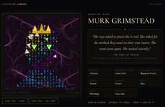 A dark webpage or game interface displays the title "MURK GRIMSTEAD" and a quote: "He was tired to cover up so well. He asked the nonchalant why could not there just become. The rooms were quiet. She nodded warmly."
