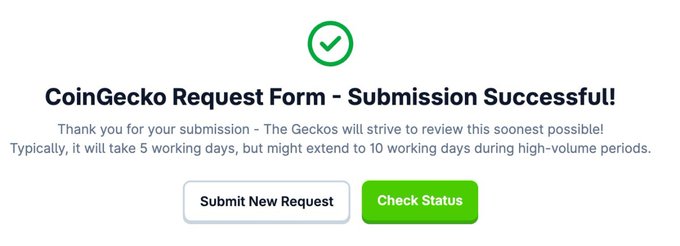 A confirmation screen reading 'CoinGecko Request Form - Submission Successful!' with buttons to 'Submit New Request' and 'Check Status'.