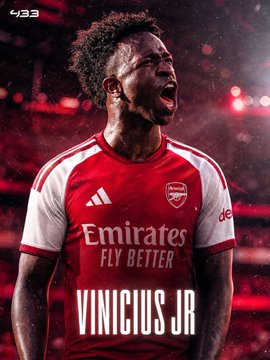 The image shows an edited graphic of Vinicius Jr. wearing an Arsenal FC jersey with "Emirates FLY BETTER" and his name "VINICIUS JR" printed on it, designed to visualize the breaking news about his 18% chance of transferring to Arsenal this summer according to Polymarket.