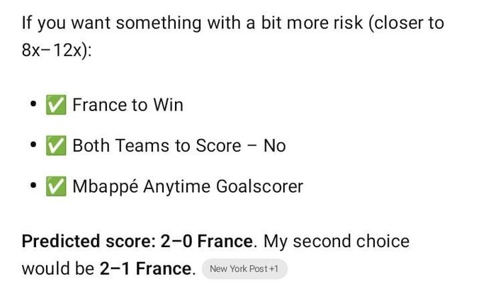 A sports betting tip with three checked predictions: 'France to Win', 'Both Teams to Score – No', and 'Mbappé Anytime Goalscorer', with a predicted score of '2-0 France' and second choice '2-1 France', tagged 'New York Post +1'.