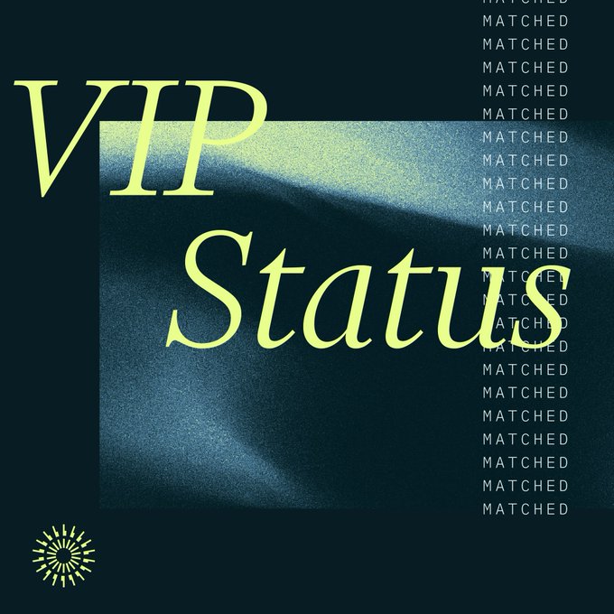 The image shows stylized text reading "VIP Status" in pale yellow over a dark textured background, with the word "MATCHED" repeated in a vertical column on the right side. The design ties directly to the post's mention of VIP status on another perps DEX being matched to Superluminal testnet access, visually reinforcing the matched eligibility announcement.