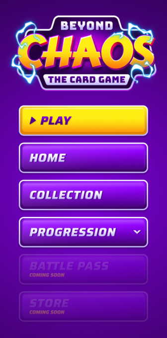 The image shows a mobile game menu screen for "Beyond Chaos: The Card Game," featuring a purple background with menu options including Play (highlighted in yellow), Home, Collection, Progression, Battle Pass (Coming Soon), and Store (Coming Soon). This aligns with the post, confirming it's an early work-in-progress UI captured from a developer's monitor.