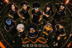 A circular illustration features a group of anime-style characters in black outfits with gold trim, including ninja-like figures and characters with blue and white hair, with the text 'NEOSOUL' at the bottom.