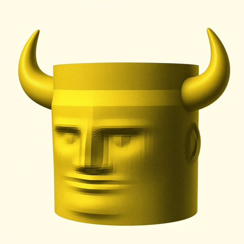 A 3D rendering of a golden cylindrical horned helmet or mask with a human face, featuring two large curved horns on top.